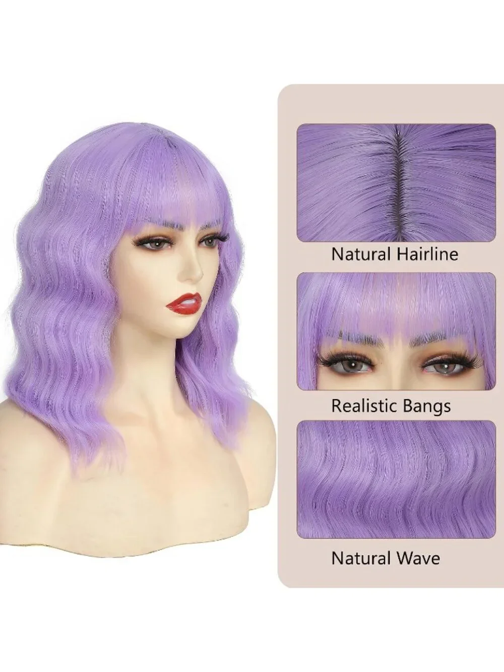 Women's Lavender Purple 14 Inch Heat Resistant Short Wavy Hair Pastel Wig Bangs